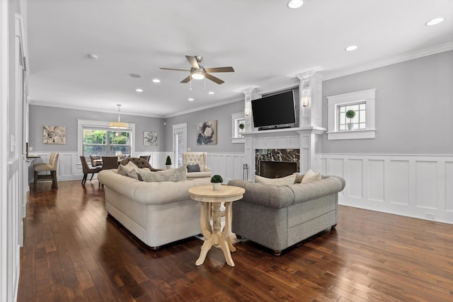 810 Boylston St, Chattanooga, TN 37405 - living area with a ceiling fan, dark wood-type flooring, a wainscoted wall, a high end fireplace, and a decorative wall