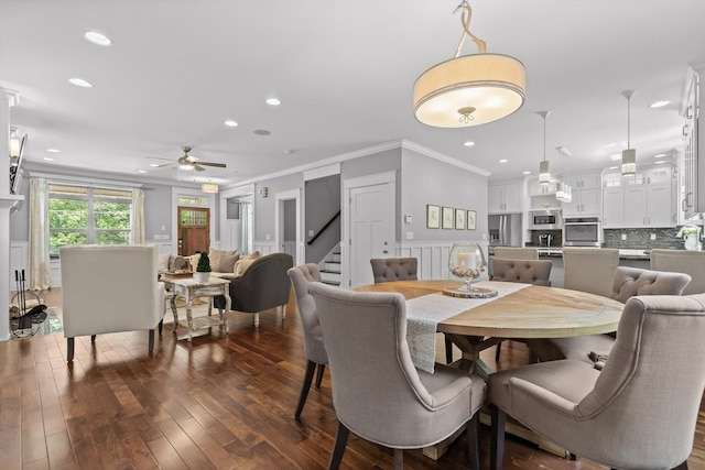 810 Boylston St, Chattanooga, TN 37405 - dining space with ornamental molding, stairway, ceiling fan, wainscoting, and recessed lighting