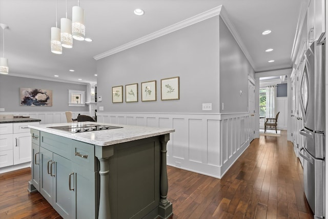 810 Boylston St, Chattanooga, TN 37405 - kitchen featuring crown molding, freestanding refrigerator, electric stovetop, a decorative wall, and a wainscoted wall