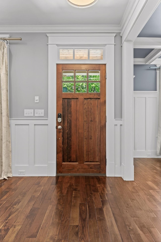 810 Boylston St, Chattanooga, TN 37405 - entryway with a decorative wall, ornamental molding, a wainscoted wall, and dark wood-style floors