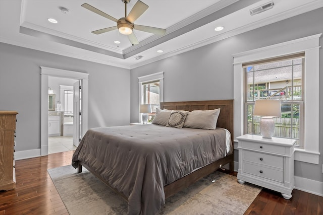 810 Boylston St, Chattanooga, TN 37405 - bedroom featuring hardwood / wood-style flooring, ornamental molding, a raised ceiling, recessed lighting, and ensuite bath