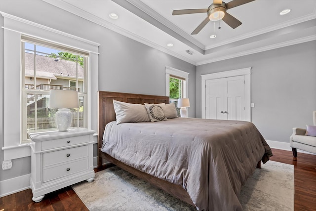 810 Boylston St, Chattanooga, TN 37405 - bedroom featuring ornamental molding, wood finished floors, a raised ceiling, recessed lighting, and ceiling fan
