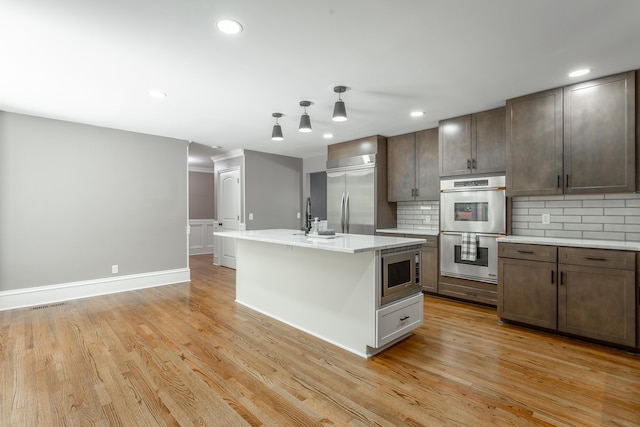 kitchen featuring light wood finished floors, light countertops, decorative backsplash, and built in appliances