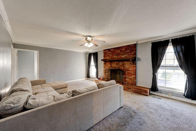 unfurnished living room featuring baseboards, visible vents, crown molding, carpet floors, and a brick fireplace