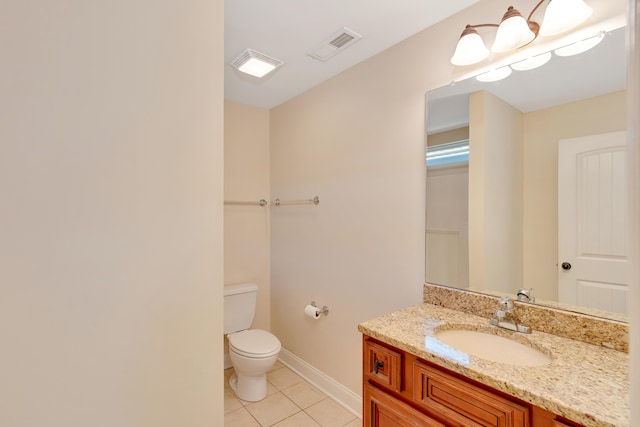 bathroom with visible vents, baseboards, toilet, tile patterned flooring, and vanity