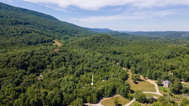 aerial view featuring a mountain view and a wooded view