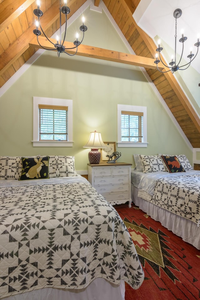 bedroom with a chandelier, wood ceiling, and lofted ceiling with beams