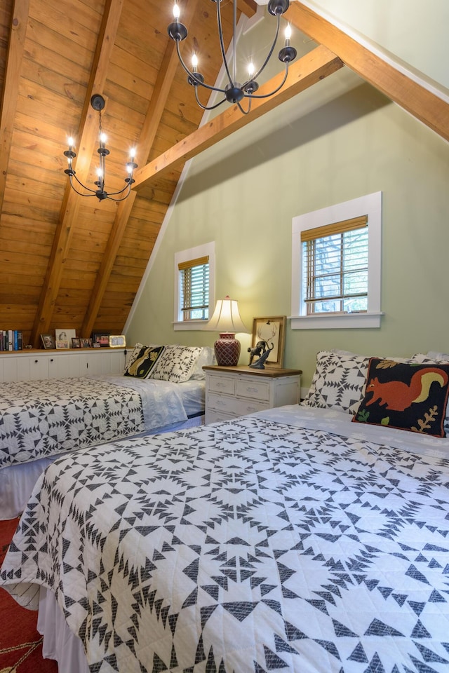 bedroom with vaulted ceiling with beams, multiple windows, wood ceiling, and an inviting chandelier