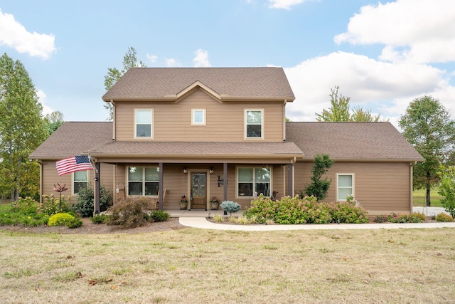 view of front of property with covered porch, roof with shingles, and a front lawn