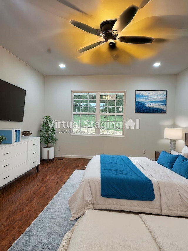 bedroom with recessed lighting, ceiling fan, baseboards, and wood finished floors