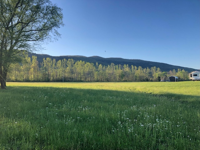 view of mountain feature featuring a rural view and a wooded view