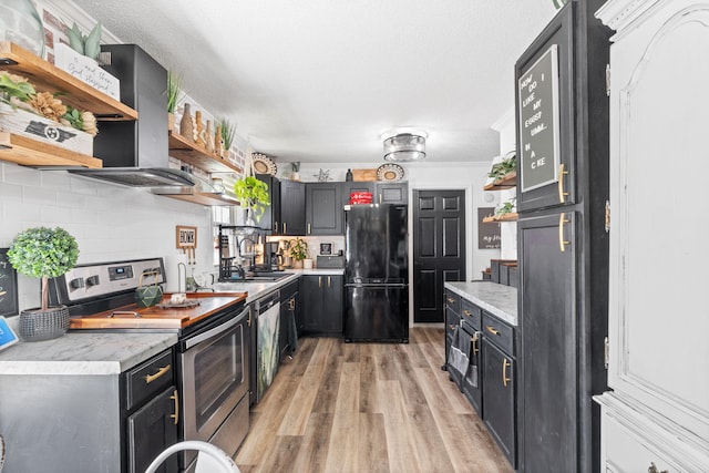 kitchen with open shelves, electric range, light countertops, and freestanding refrigerator