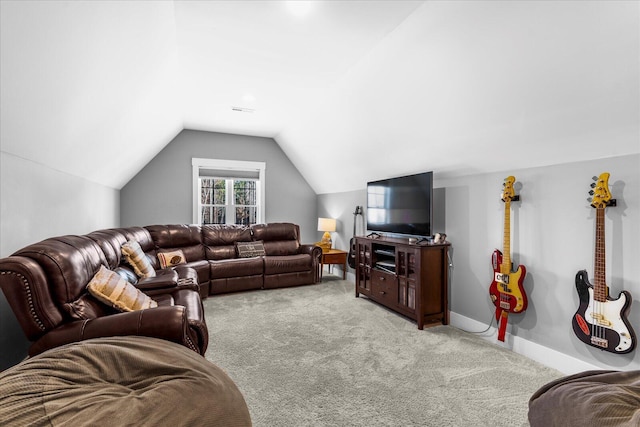 living room with light carpet, baseboards, and vaulted ceiling