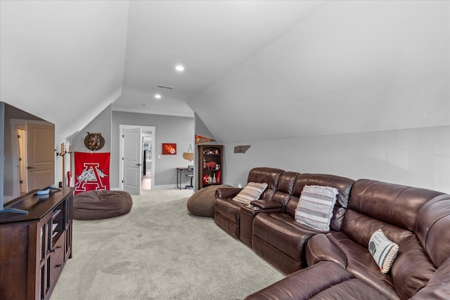carpeted cinema featuring vaulted ceiling, recessed lighting, and baseboards