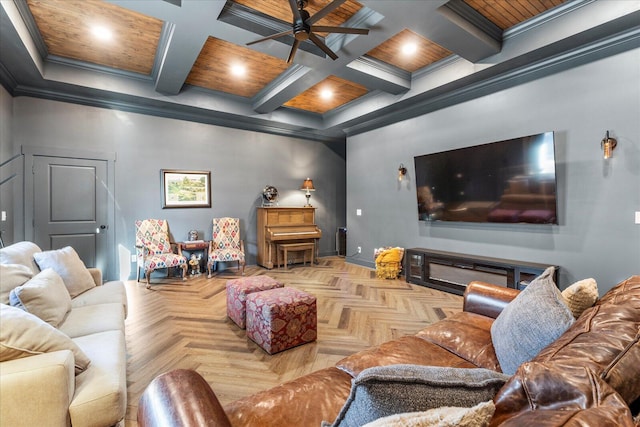 living room with crown molding, baseboards, ceiling fan, beamed ceiling, and coffered ceiling