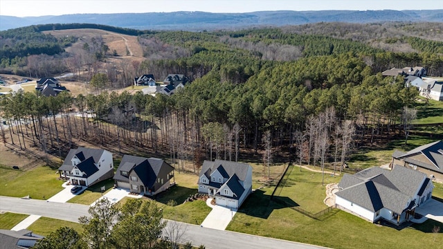 drone / aerial view featuring a view of trees and a residential view