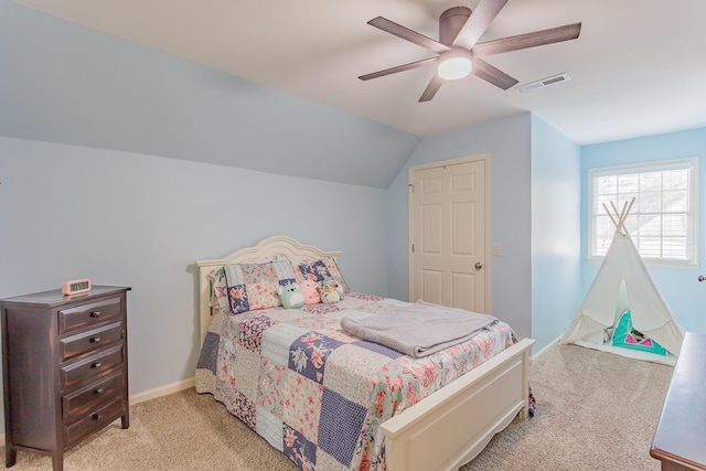 bedroom with visible vents, baseboards, lofted ceiling, ceiling fan, and carpet