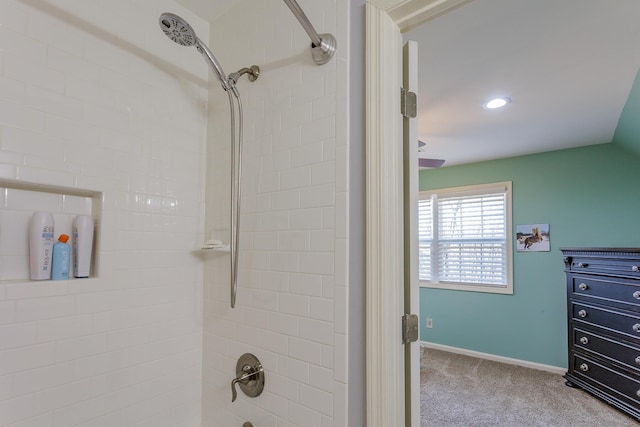 full bath featuring washtub / shower combination, recessed lighting, and baseboards