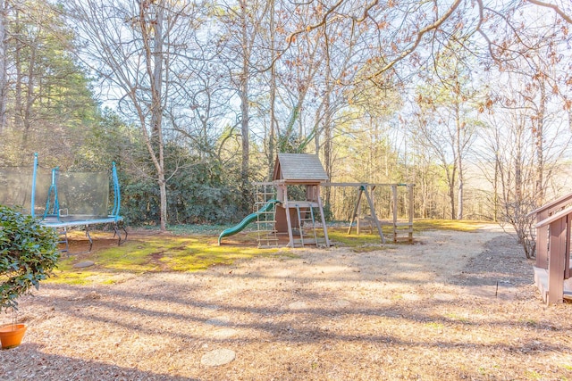 view of jungle gym featuring a trampoline