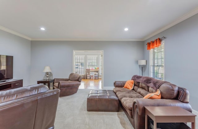 living room with baseboards, plenty of natural light, and crown molding