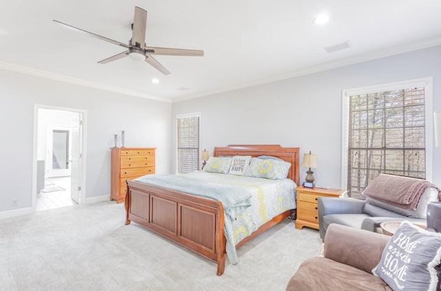 bedroom featuring light carpet, baseboards, ornamental molding, and recessed lighting