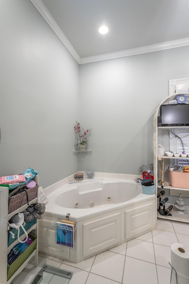 full bath with a jetted tub, crown molding, and tile patterned floors