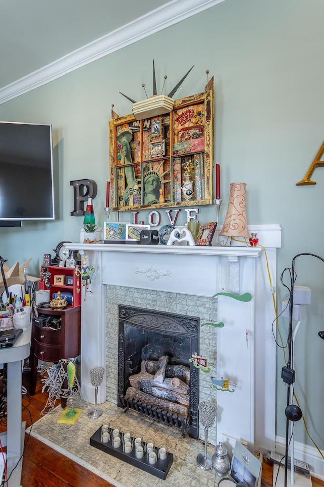 details with a fireplace and crown molding