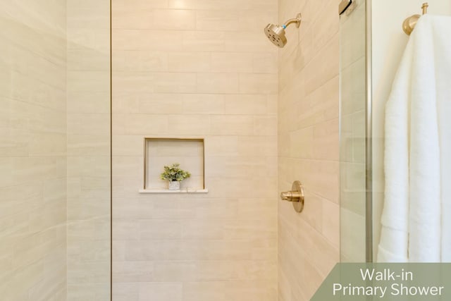 interior details featuring a tile shower