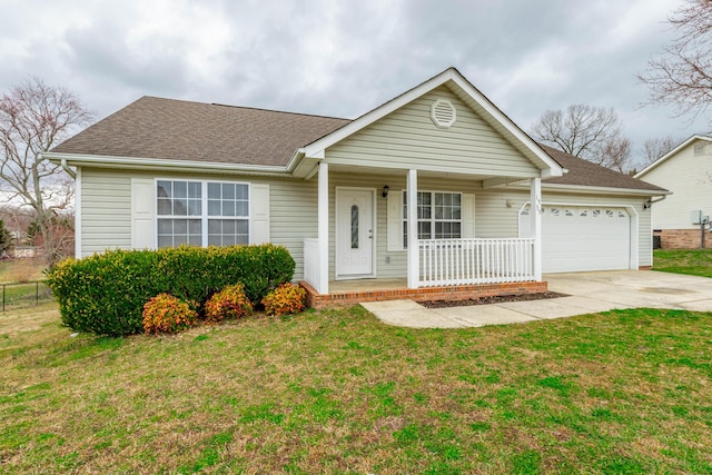 single story home featuring a front yard, covered porch, and driveway