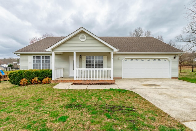 ranch-style house with a shingled roof, covered porch, concrete driveway, an attached garage, and a front lawn