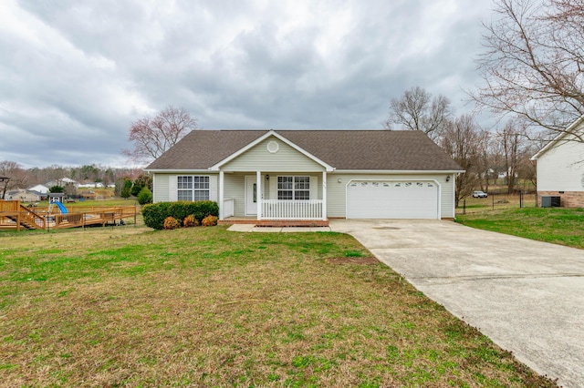 view of front of home with covered porch, an attached garage, driveway, and a front lawn