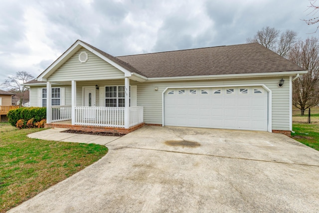 ranch-style home with driveway, a porch, and roof with shingles