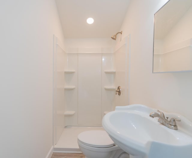 full bath featuring wood finished floors, a sink, toilet, and walk in shower