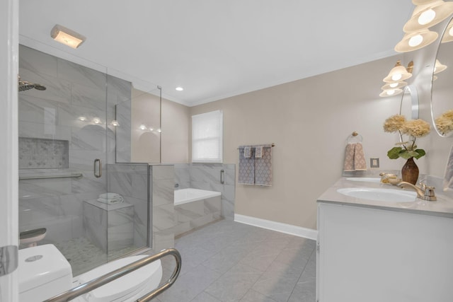 full bath with a garden tub, toilet, vanity, baseboards, and a stall shower