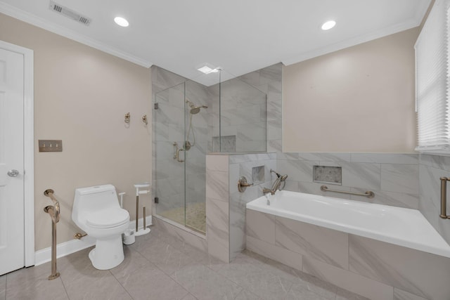 full bathroom with ornamental molding, a garden tub, a shower stall, and toilet