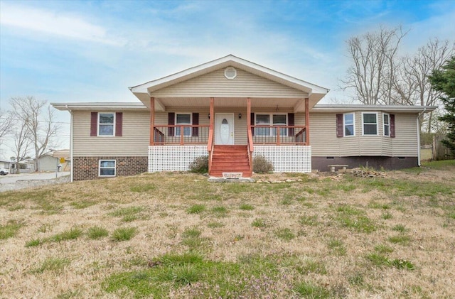 ranch-style home featuring covered porch and crawl space