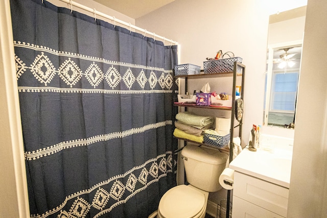 bathroom featuring vanity, toilet, and a shower with curtain