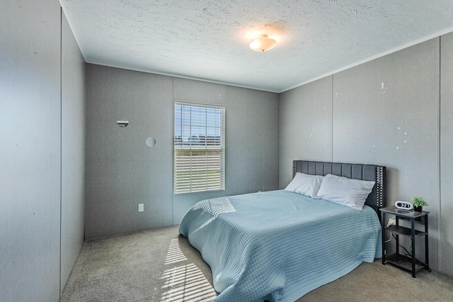 carpeted bedroom with a textured ceiling