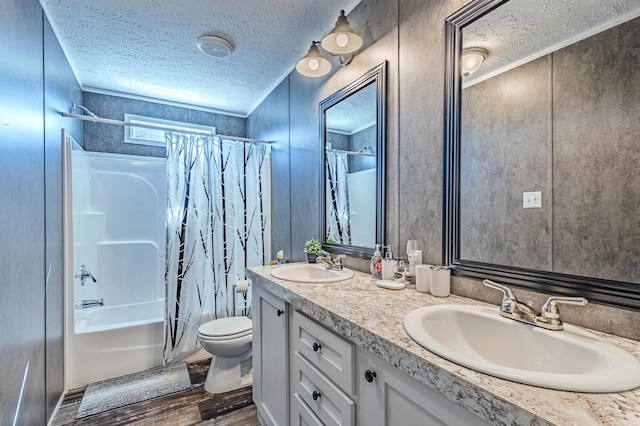 bathroom with a sink, a textured ceiling, toilet, and wood finished floors