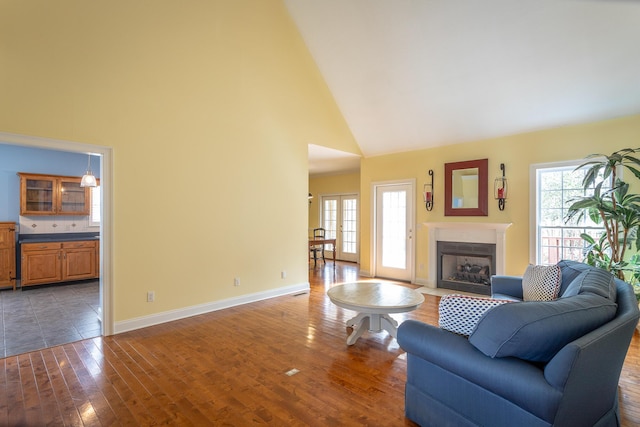 living room featuring plenty of natural light, wood finished floors, and a fireplace with flush hearth