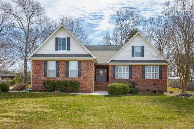 view of front facade featuring crawl space, brick siding, roof with shingles, and a front lawn