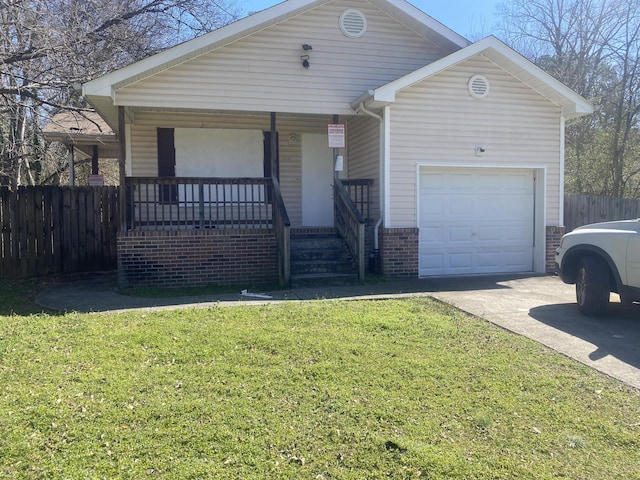 view of front of home featuring a garage, concrete driveway, a porch, fence, and a front lawn