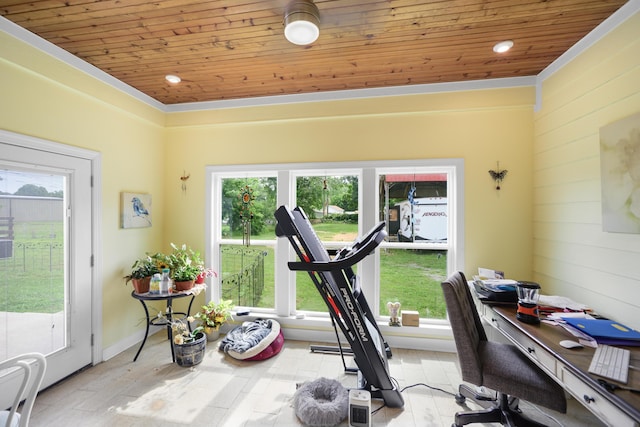 exercise room with wood walls, wood finished floors, and wood ceiling