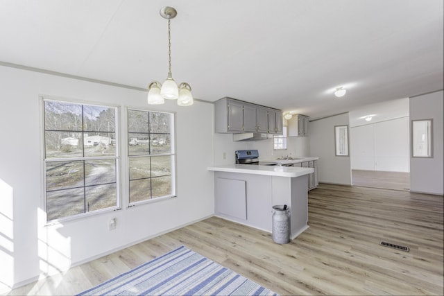 kitchen featuring gray cabinets, light countertops, visible vents, stainless steel range with electric cooktop, and a peninsula