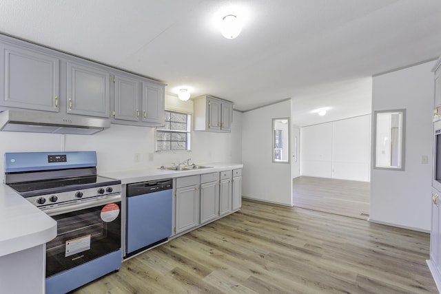 kitchen with dishwasher, under cabinet range hood, light countertops, and stainless steel range with electric cooktop