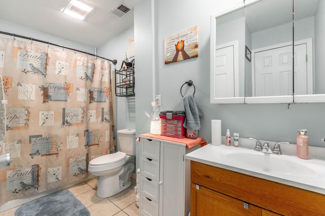 full bathroom with visible vents, toilet, a shower with curtain, tile patterned flooring, and vanity