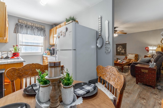 kitchen with light countertops, freestanding refrigerator, open floor plan, ceiling fan, and wood finished floors