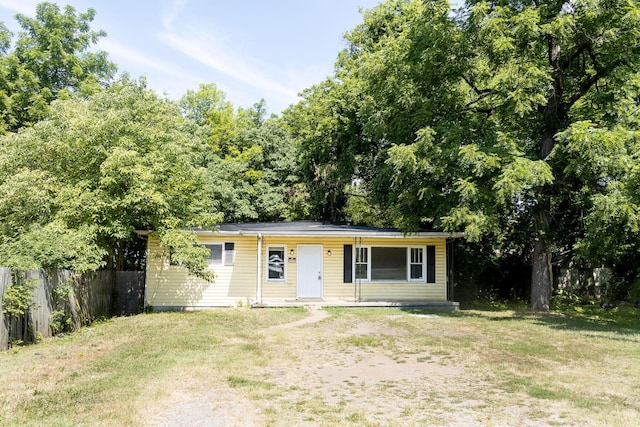 single story home with a front yard and fence