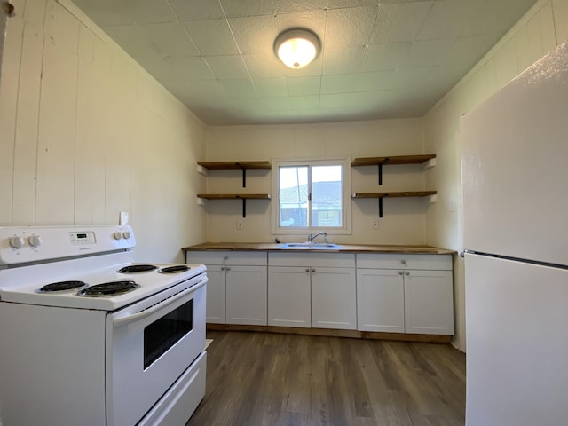 kitchen featuring white appliances, dark wood-type flooring, a sink, white cabinetry, and open shelves