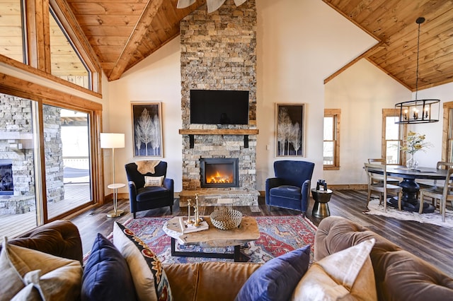 living area with wood ceiling, a fireplace, baseboards, and wood finished floors